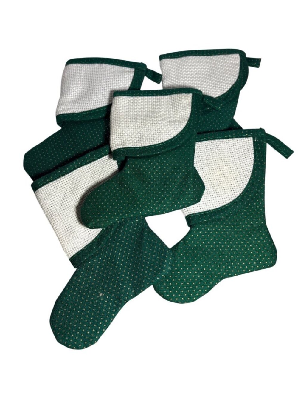 5 Green Christmas Stockings Mini Gold Polka Dots Cross Stitch Aida Cloth Cuff 5"